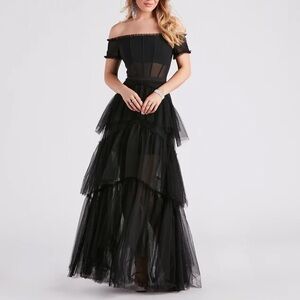 Betsy & Adam Off Shoulder Corset Tulle Dress